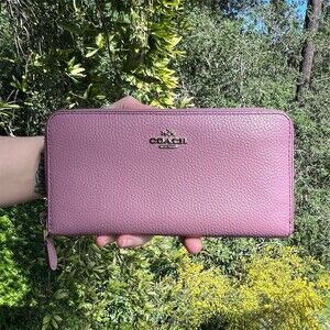 COACH Long Zip-Around Wallet Pink Pebble Leather with Silver Hardware AUTHENTIC
